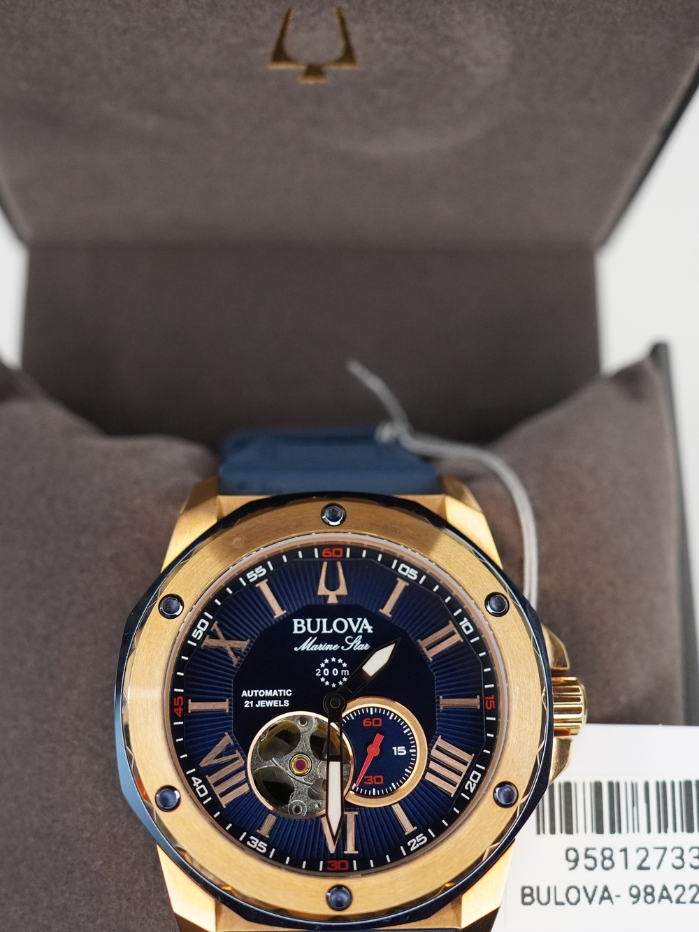 Bulova Marine Star Automatic Rose Gold 98A227 Tone Blue Dial Silicone Band Watch